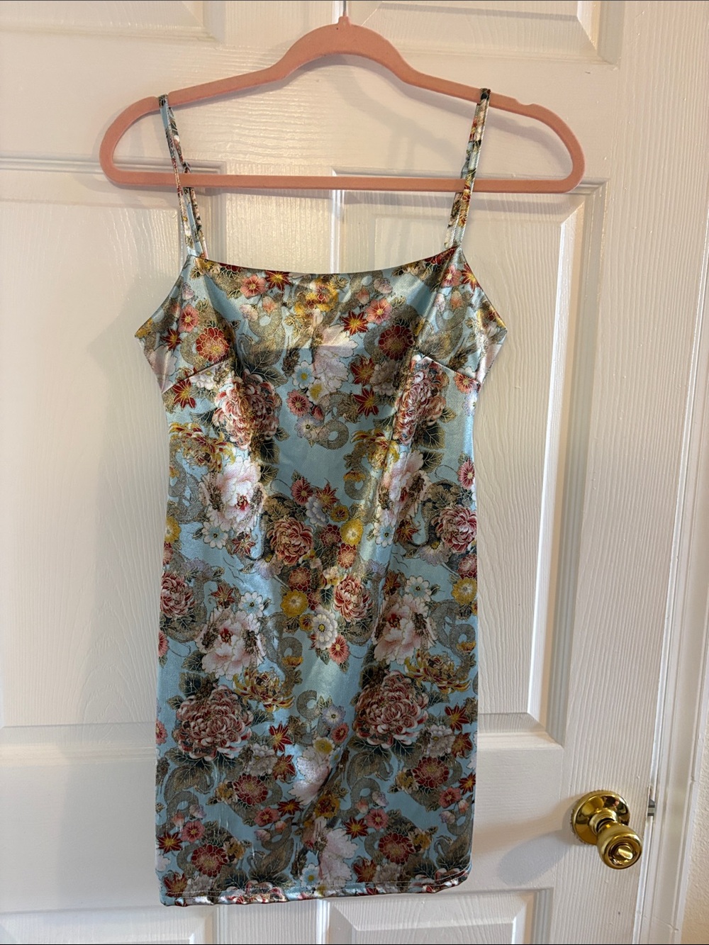Urban Outfitters Blue Pink Floral Satin Slip Mini Dress Size M